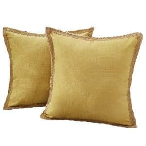 45cm Yellow Burlap Trim Linen Cushion
