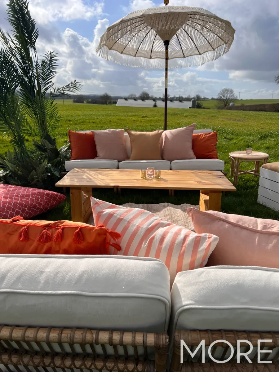 soho house festival london VIP area with rustic furniture hire