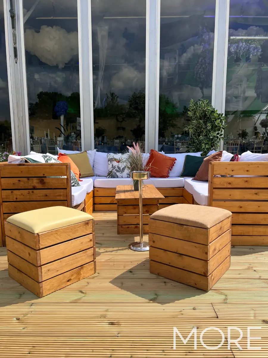 hospitality lounge rustic sofa hire Chatsworth flower show