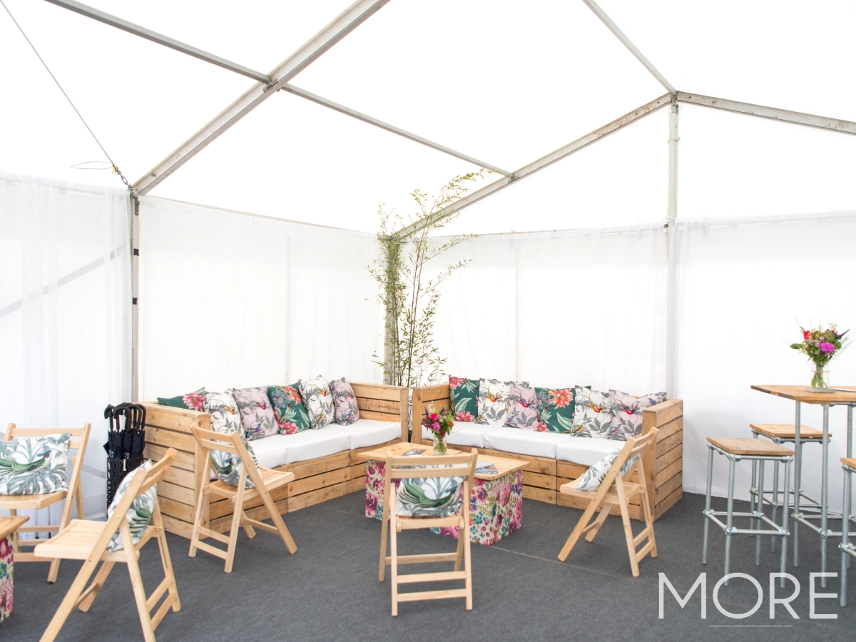 hospitality lounge rustic sofa hire Chatsworth flower show
