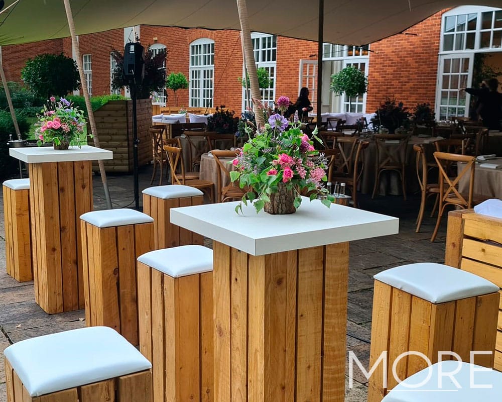 outdoor pallet poseur table and stool hire